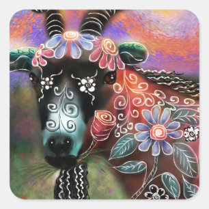 Whimsical Floral Goat Farm Animal Floral Peach Square Sticker
