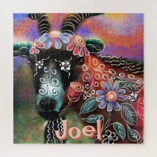Whimsical Floral Goat Farm Animal Personalized Jigsaw Puzzle