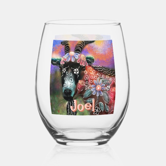 Whimsical Floral Goat Farm Animal Personalized Stemless Wine Glass (Front)