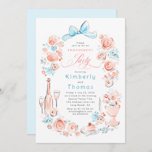 Whimsical Floral Hand Drawn Bow Engagement Party Invitation