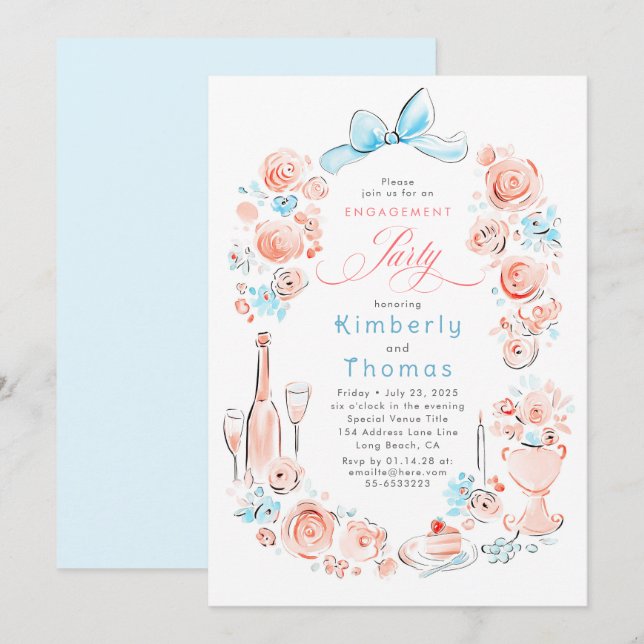 Whimsical Floral Hand Drawn Bow Engagement Party Invitation (Front/Back)