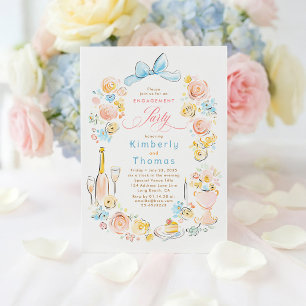 Whimsical Floral Hand Drawn Bow Engagement Party Invitation