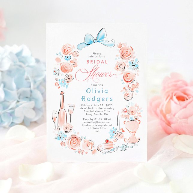 Whimsical Floral Hand Drawn Chic Bow Bridal Shower Invitation (Dusty Blue and Pink Whimsical Coquette Bow Bridal Shower Invitations)