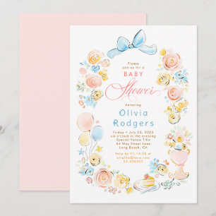 Whimsical Floral Hand Drawn Cute Bow Baby Shower Invitation