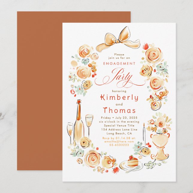 Whimsical Floral Hand Drawn Fall Engagement Party Invitation (Front/Back)