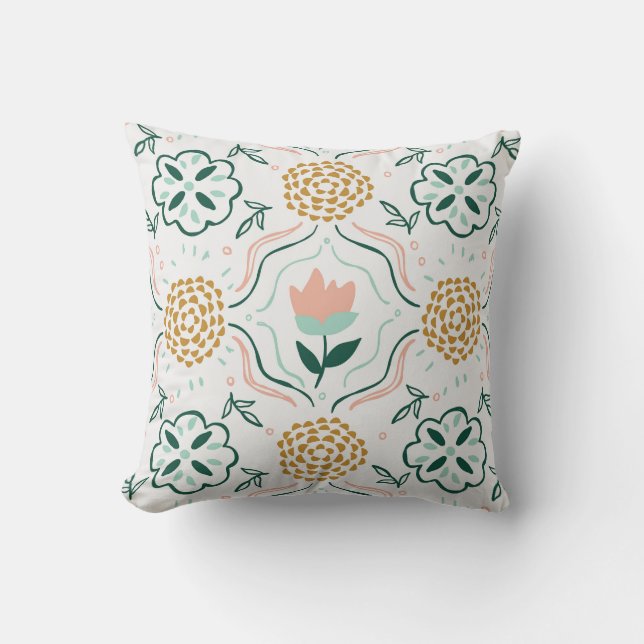 Whimsical Floral Hand-Drawn Pattern Throw Pillow (Front)