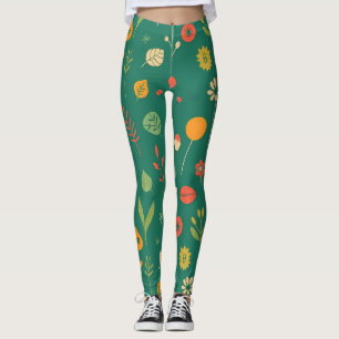 Whimsical Floral Icons on Green Leggings