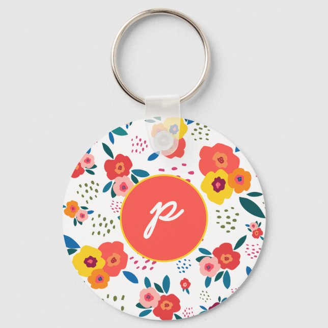 Whimsical Floral in Yellow and Coral Monogram Keychain (Front)