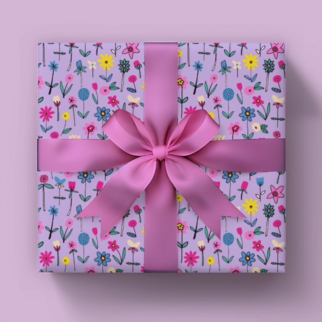 Whimsical Floral Kids pattern Wrapping Paper (Floral wildflower wrapping paper in lilac and pink. Perfect for girls birthday party or baby shower)