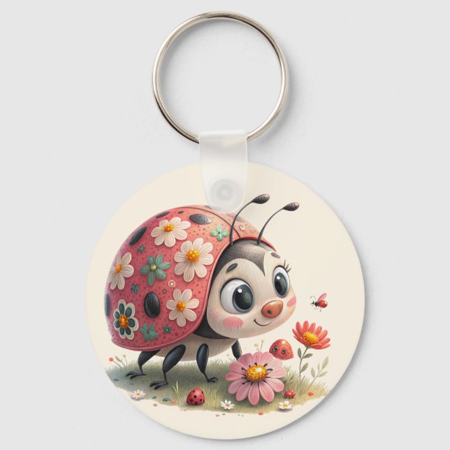 Whimsical floral ladybug keychain (Front)