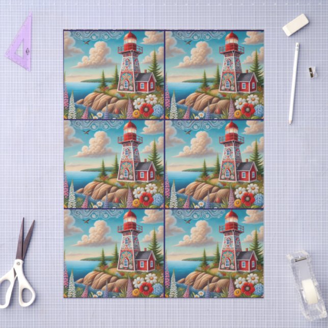 Whimsical Floral Lighthouse Nautical Decoupage  Tissue Paper (Craft)