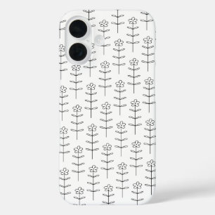 Whimsical Floral Line Art in Black and White  iPhone 16 Case