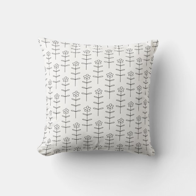 Whimsical Floral Line Art in Black and White Throw Pillow (Front)