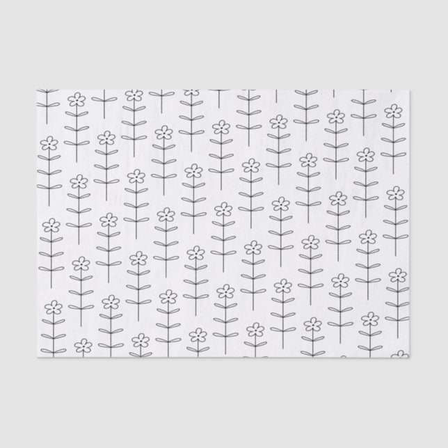 Whimsical Floral Line Art in Black and White  Tissue Paper (Front)