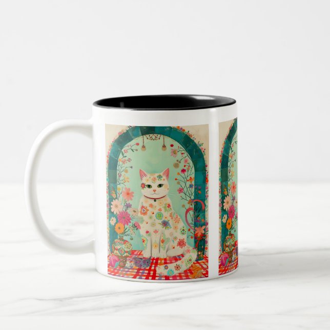 Whimsical Floral Meadow Cat Art Two-Tone Coffee Mug (Left)