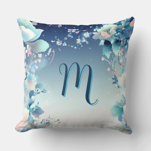 Whimsical Floral Monogram Throw Pillow (Front)