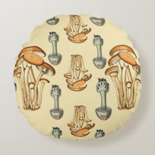 Whimsical Floral Mushroom Pattern Round Pillow