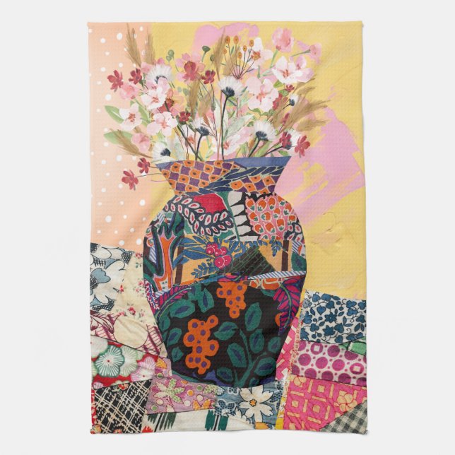 Whimsical Floral Paper Collage Mixed    Kitchen Towel (Vertical)
