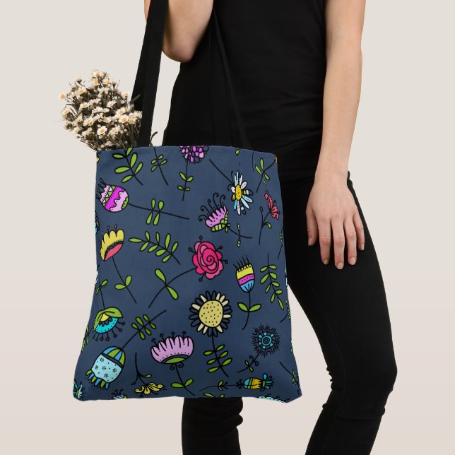 Whimsical Floral Pattern Art Design Tote Bag (Close Up)