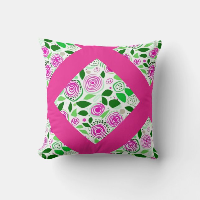 Whimsical floral pattern hot pink throw pillow (Front)