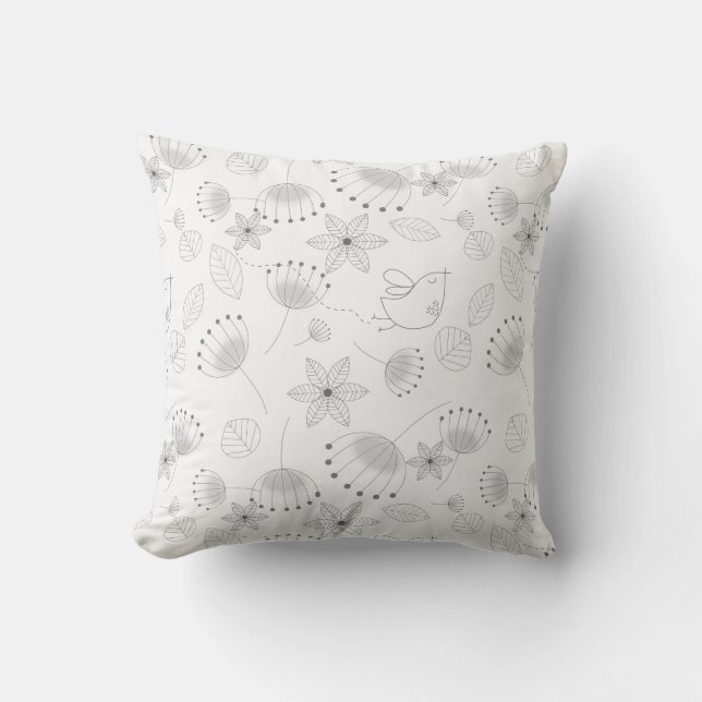 Whimsical Floral Pattern on White Throw Pillow (Front)