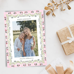 Whimsical Floral Pink Green Modern Christmas Photo Holiday Card