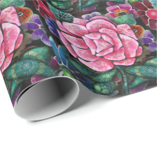 Whimsical Floral Pink Rose Art Nouveau Botanical Wrapping Paper