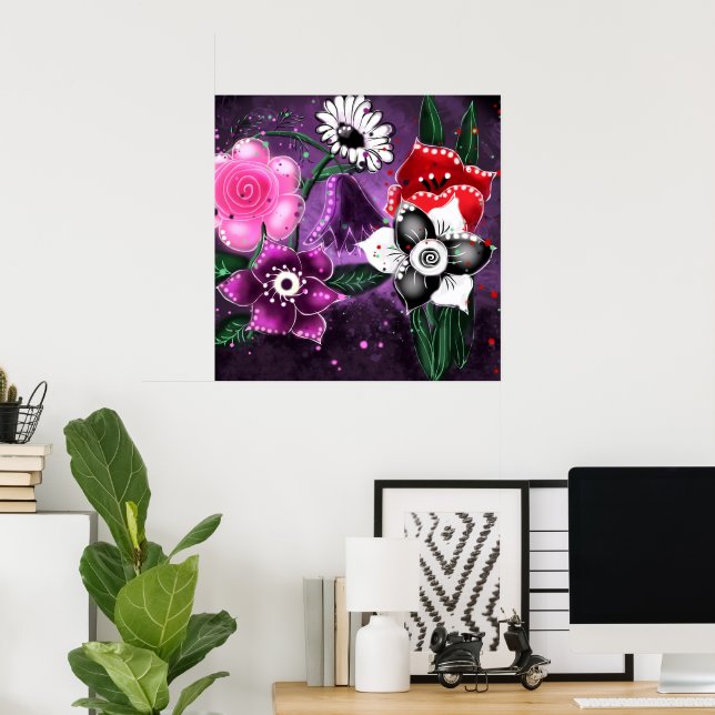Whimsical Floral Purple Black Pink Daisy Daffodil  Poster (Home Office)
