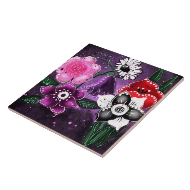 Whimsical Floral Purple Black Pink Daisy Daffodil  Tile (Side)