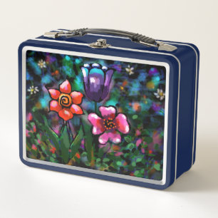 Whimsical Floral Purple Blue Pink Flower Flowers Metal Lunch Box