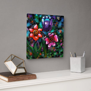 Whimsical Floral Purple Blue Pink Flower Flowers Square Wall Clock