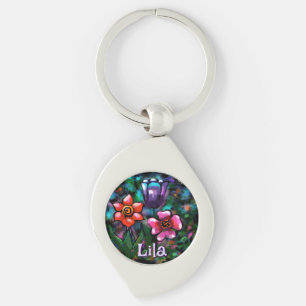 Whimsical Floral Purple Blue Pink Personalized Keychain