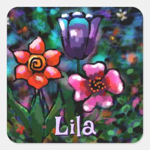 Whimsical Floral Purple Blue Pink Personalized Square Sticker