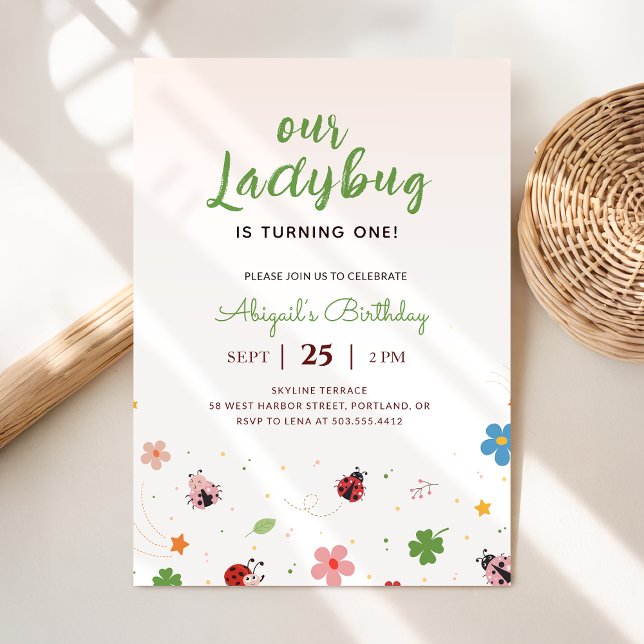 Whimsical Floral Red Cute Bug Ladybug 1st Birthday Invitation (Creator Uploaded)
