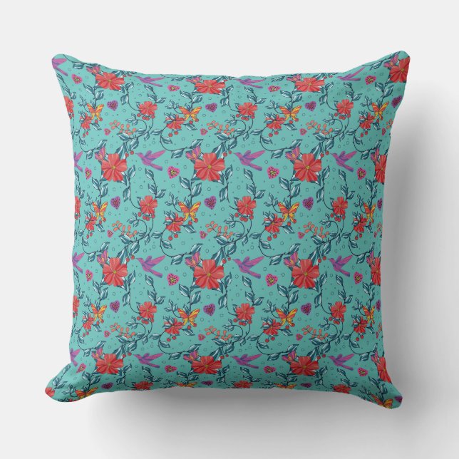 Whimsical Floral Red Teal Bird Pattern Design Throw Pillow (Front)