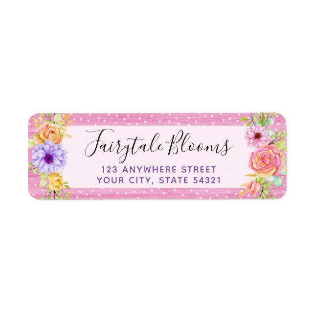 Whimsical Floral Roses & Pink Wood Return Address (Front)