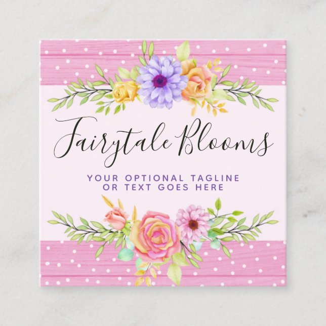 Whimsical Floral Roses & Rustic Wood Social Media Square Business Card (Front)
