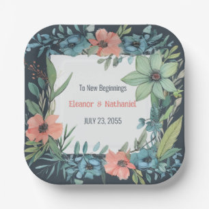 Whimsical Floral Salmon Blue Green Wedding Paper Plate