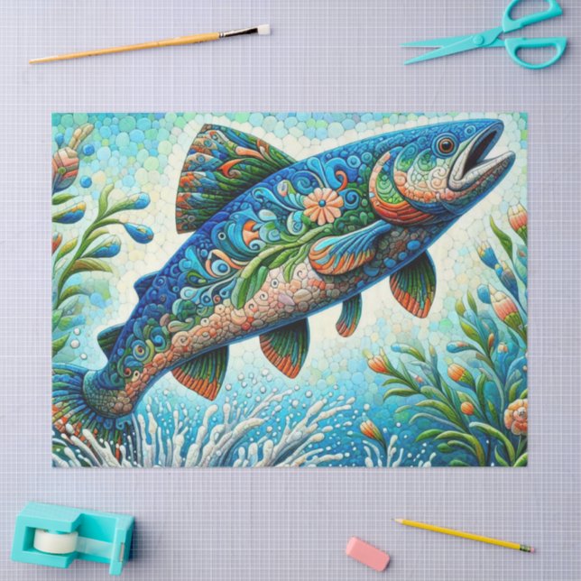 Whimsical Floral Salmon Fish Blue Decoupage Tissue Paper (Craft)