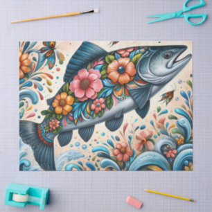 Whimsical Floral Salmon Fish Decoupage Tissue Paper