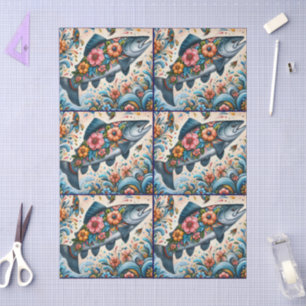 Whimsical Floral Salmon Fish Decoupage  Tissue Paper