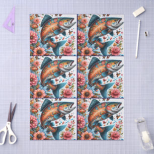 Whimsical Floral Salmon Fish Decoupage  Tissue Paper