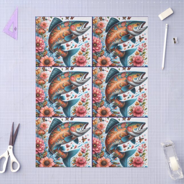 Whimsical Floral Salmon Fish Decoupage  Tissue Paper (Craft)
