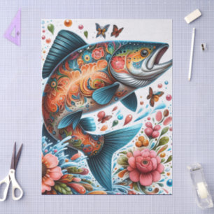 Whimsical Floral Salmon Fish Decoupage  Tissue Paper