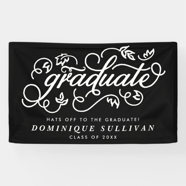 Whimsical Floral Script Black & White Graduation Banner (Horizontal)