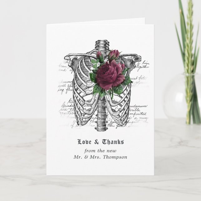 Whimsical Floral Skeleton Gothic Wedding Thank You Card (Front)