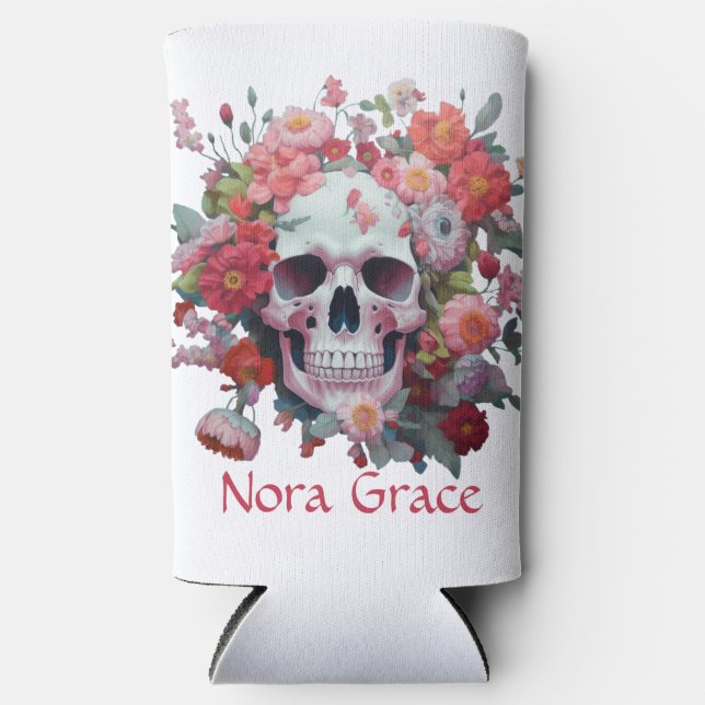 Whimsical Floral Skull Seltzer Can Cooler (Front)