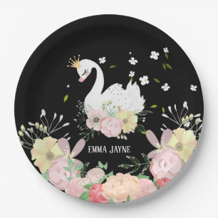 Whimsical Floral Swan Birthday Paper Plates