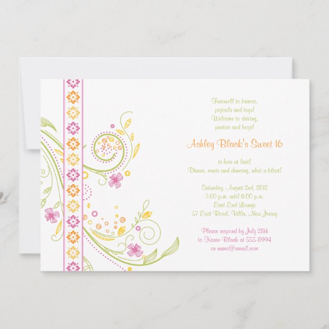 Whimsical Floral Sweet 16 Birthday Invitation (Front)