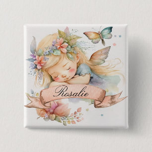 Whimsical Floral Sweet Dreams Sleeping Fairy Girl 2 Inch Square Button